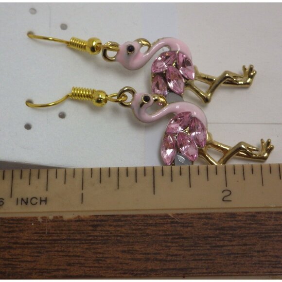 Pink Flamingo Rhinestone Earrings  Dangle Drop Hook Retro Boho Coastal Tiki - Picture 3 of 5